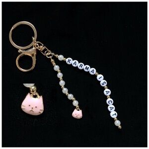 Karma Is A Cat Keychain Pearls and Pink Crystals on A Gold Tone Keyring Pink Cat
